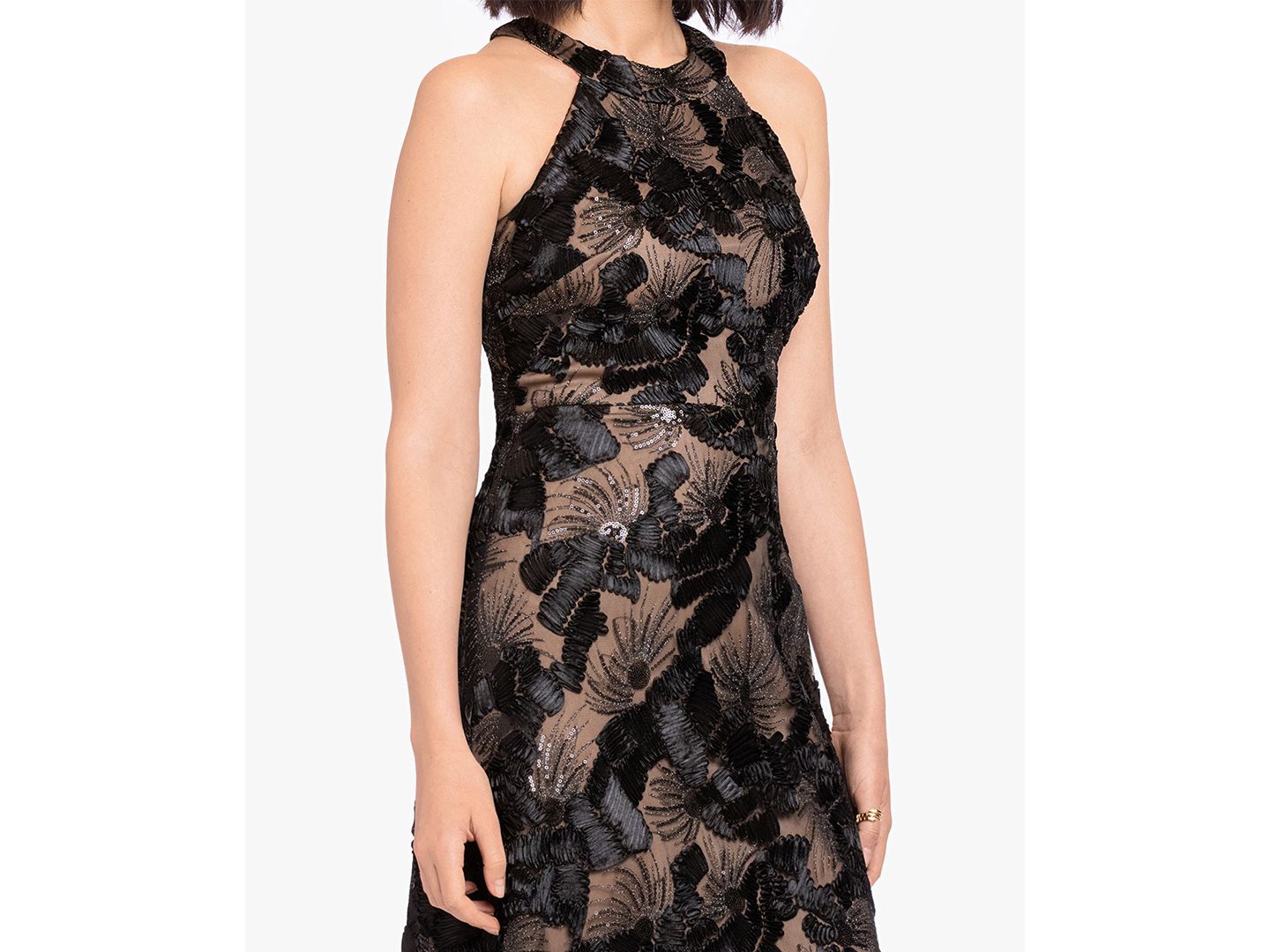 Женское платье Betsy & Adam Sequined Soutache Halter Gown, цвет: Чёрный телесный — фото 3