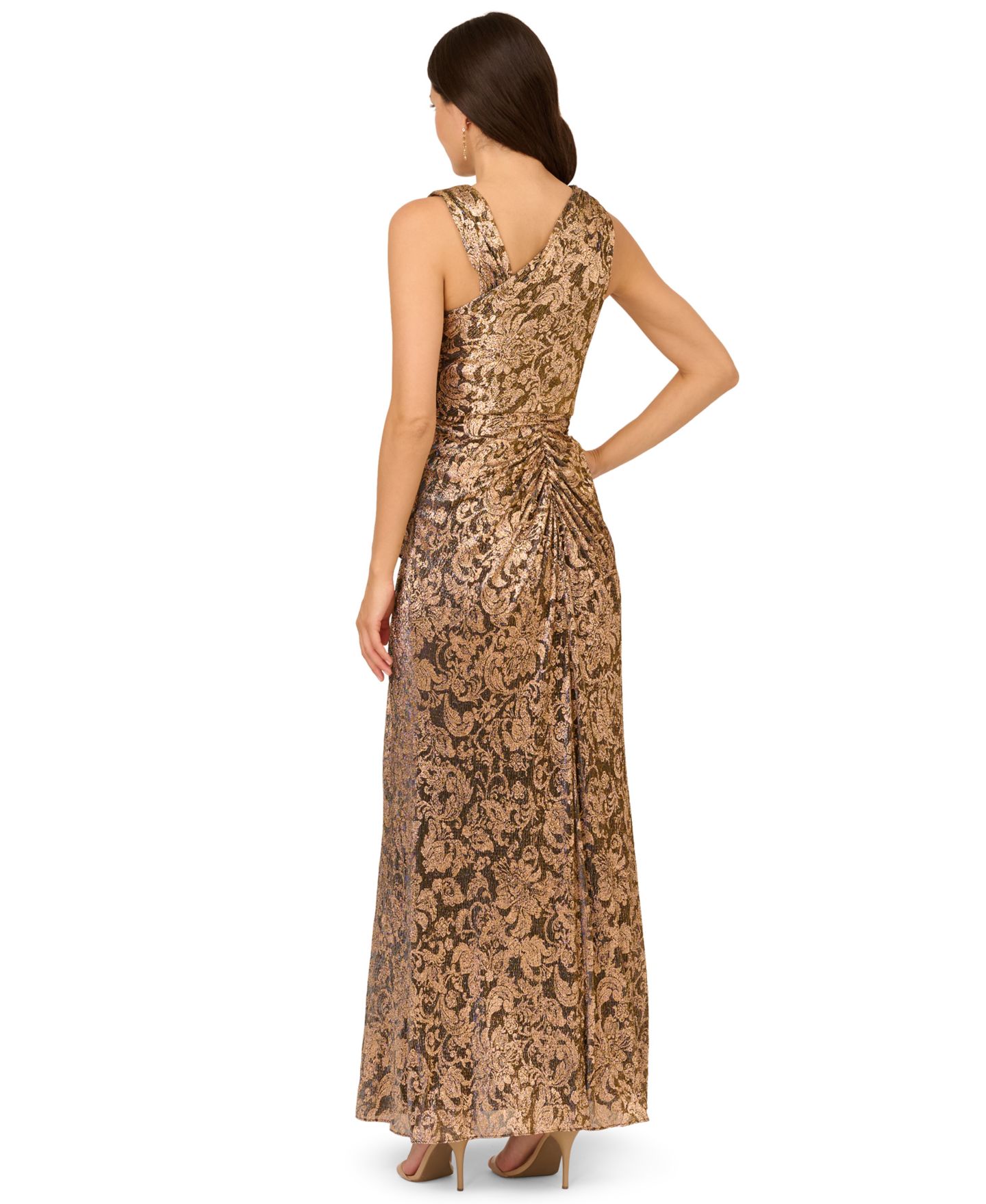 Женское платье Adrianna Papell Asymmetrical-Neck Metallic-Crinkle Wedding Guest Long, цвет: Шоколадный — фото 5