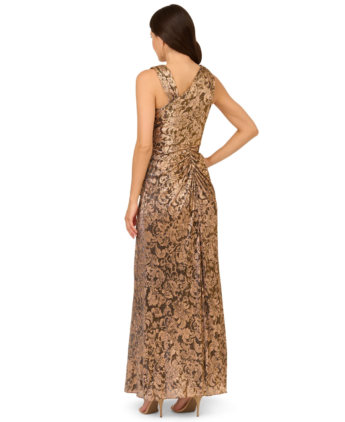 Adrianna Papell Women's Asymmetrical-Neck Metallic-Crinkle Wedding Guest Long Dress