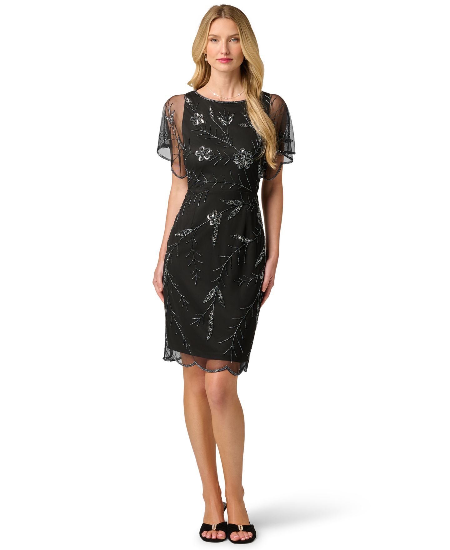 Женское платье Adrianna Papell Sheer-Flutter-Sleeve Floral-Print Beaded, цвет: Чёрный / Графитовый — фото 6