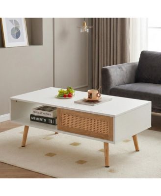 Rattan Coffee Table Sliding Door Storage Wood Leg Modern Living Room Table