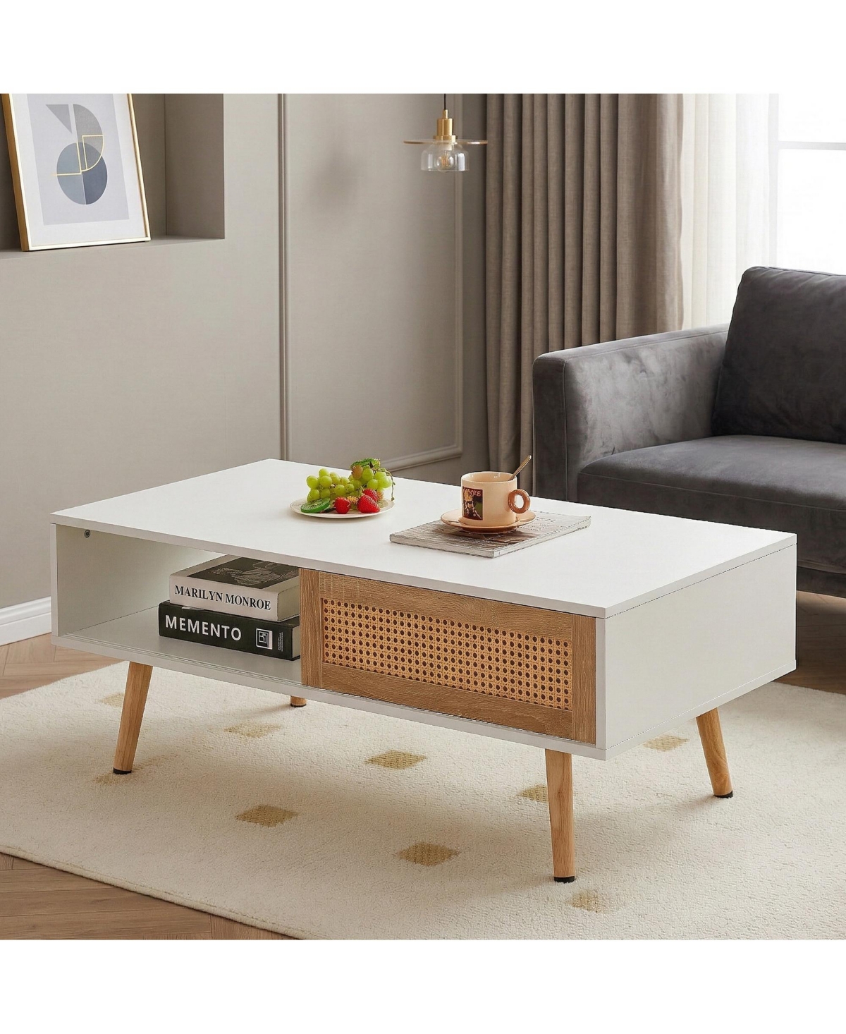 Flynama Rattan Coffee Table Sliding Door Storage Wood Leg Modern Living Room Table