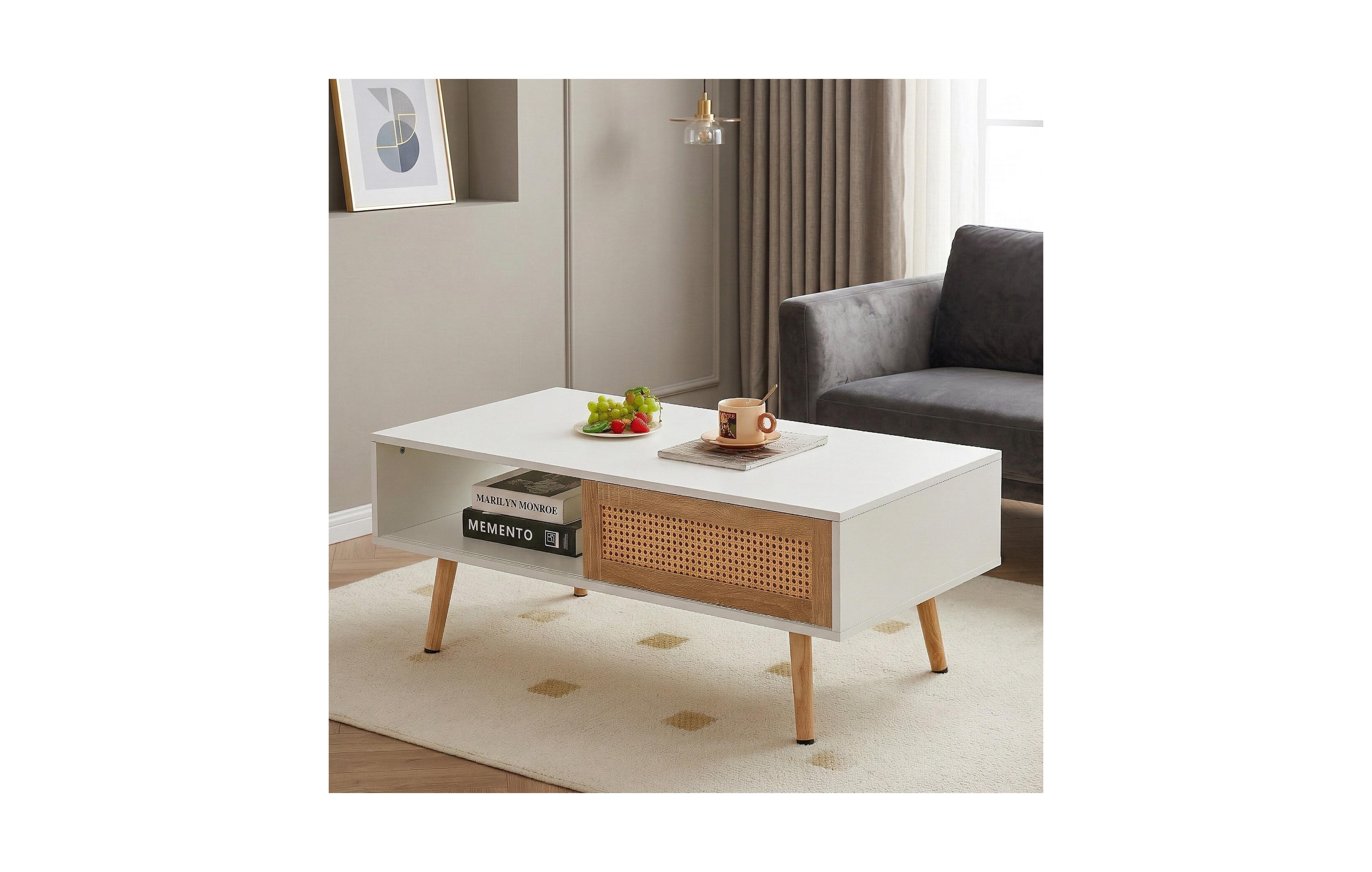 Flynama Rattan Coffee Table Sliding Door Storage Wood Leg Modern Living Room Table