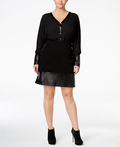 Poetic Justice Trendy Plus Size Faux-Leather-Trim Blouse & Skirt