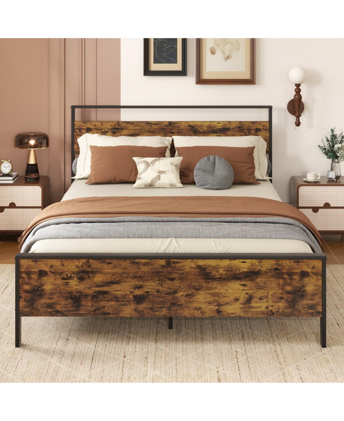 Slickblue Metal Platform Bed Frame with Wooden Headboard