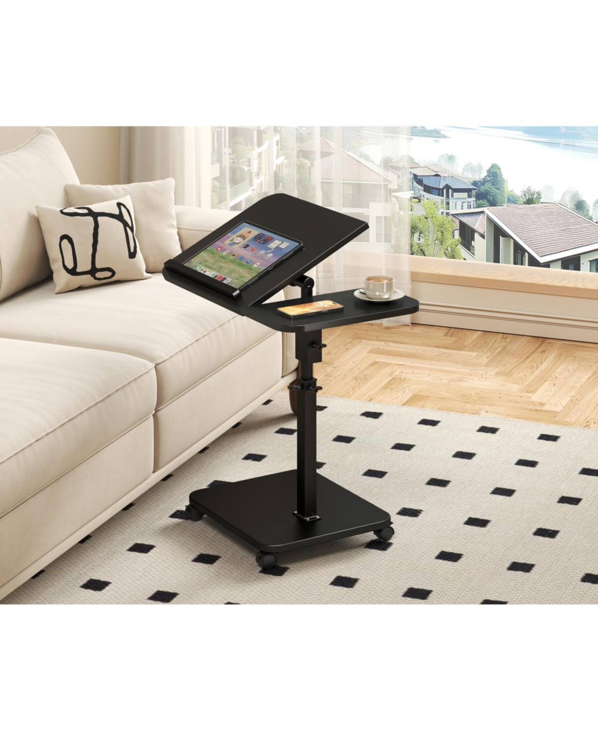 homfan Adjustable Height C-Shaped End Table with Wheels and 180degree(s) Swivel, Slide Under Sofa Tv Tray