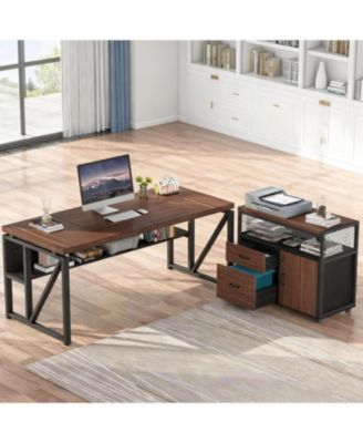 63" L-Shaped Desk with File Cabinet