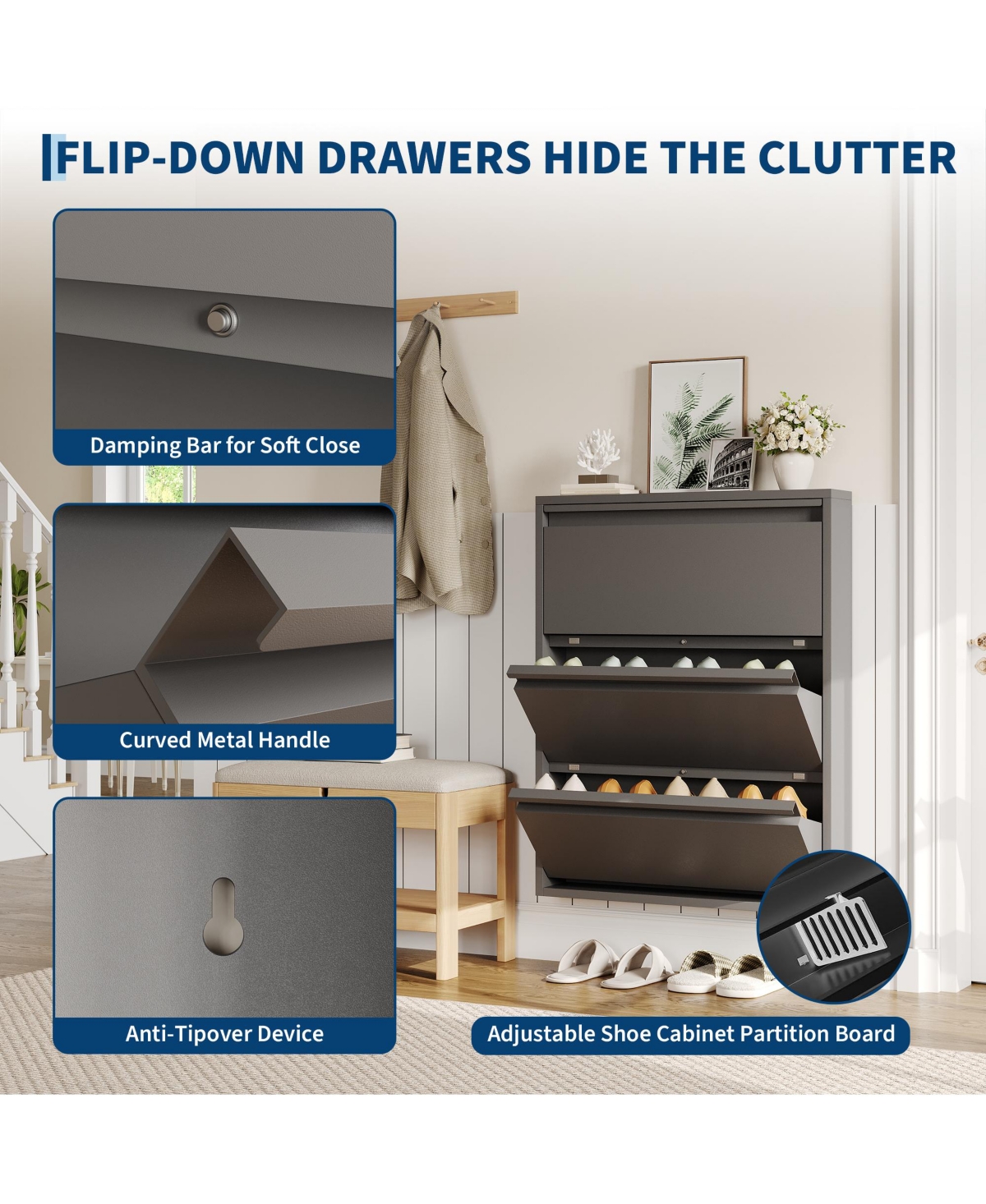 gaomon Wall-mounted metal shoe cabinet with 3 flip drawers, anti-tip carbon steel frame, ideal for narrow entryways, freestanding installation availab