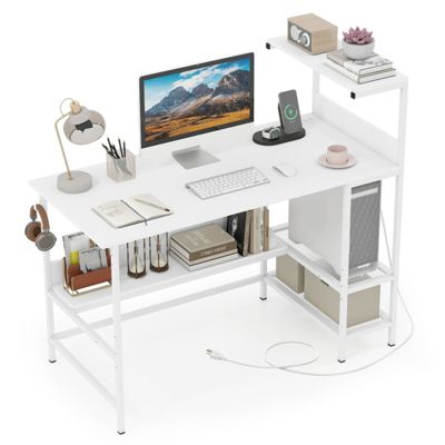 Computer Desk with Power Outlets and Storage Shelves