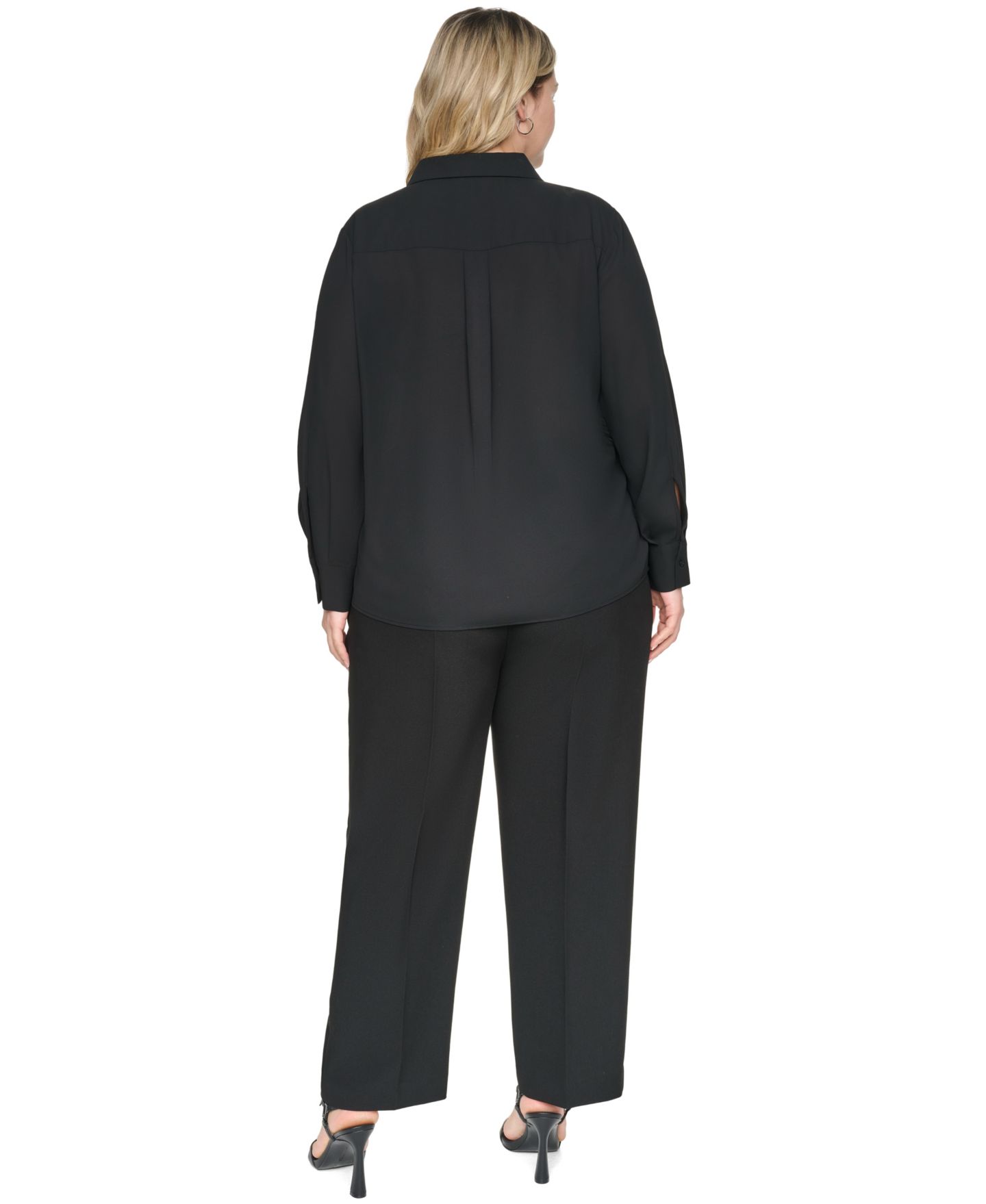 Женская блузка KARL LAGERFELD PARIS Plus Size Long-Sleeve Collared Pleated Blouse, цвет: Чёрный — фото 5