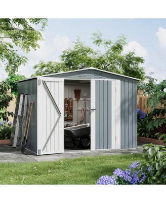 8 x 6 ft Outdoor Storage Shed with A-Frame Roof and Double Hinged Doors, Iron Tool House for Backyard Garden Patio, Gray