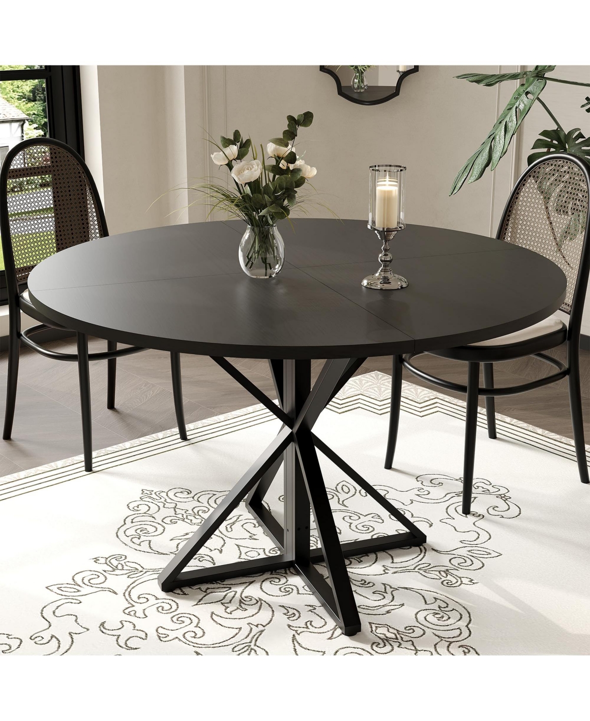 47 Inch Round Wood Dining Table, K-Shaped Carbon Steel Pedestal Base, Heat and Water Resistant Mdf Tabletop, Space Saving Industrial Dinner Table