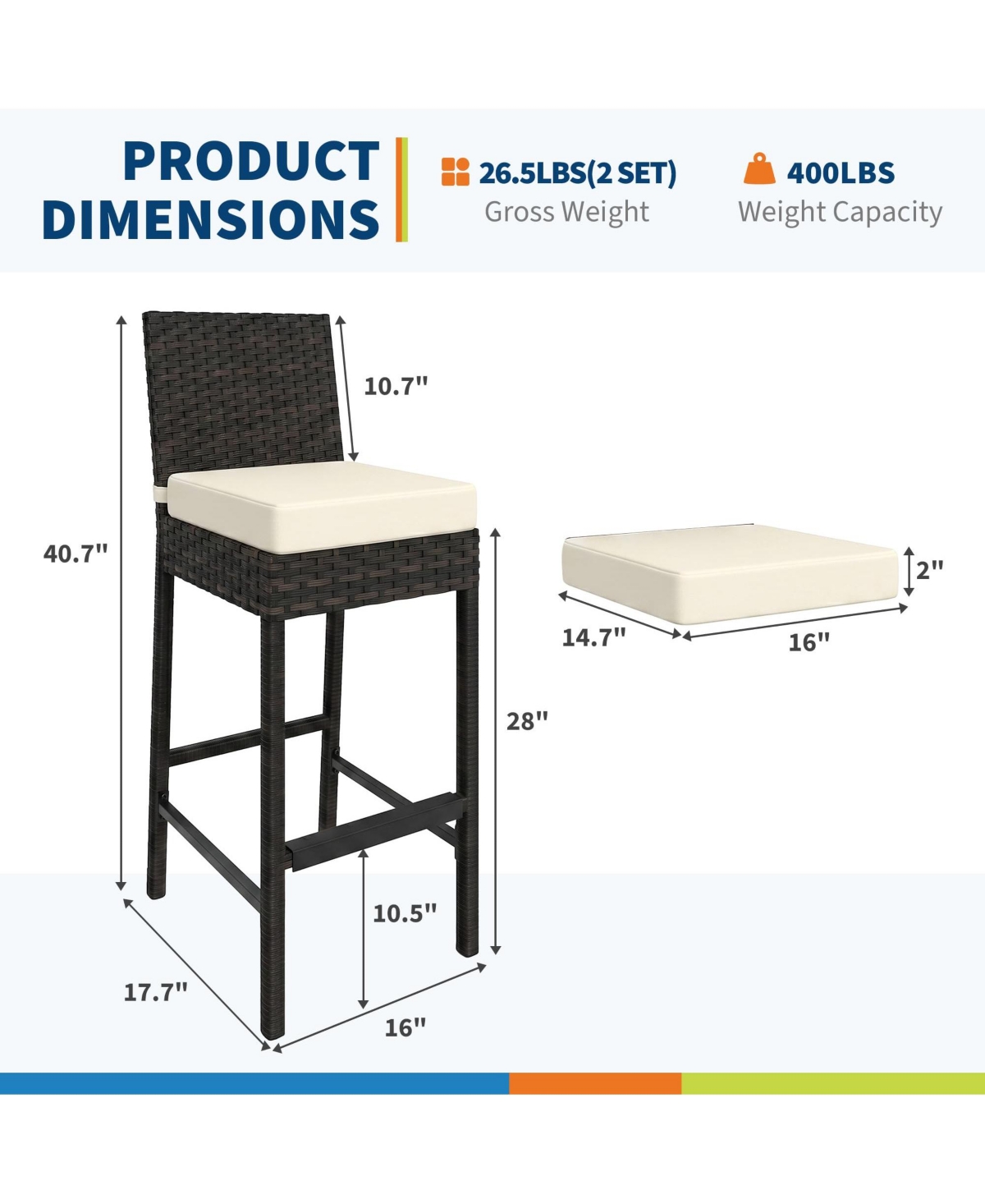 Outdoor Wicker Bar Stools Set of 4 with Cushion, Counter Height Patio Bar Chairs with Backrest, Footrest, Metal Frame for Backyard, Poolside, Garden