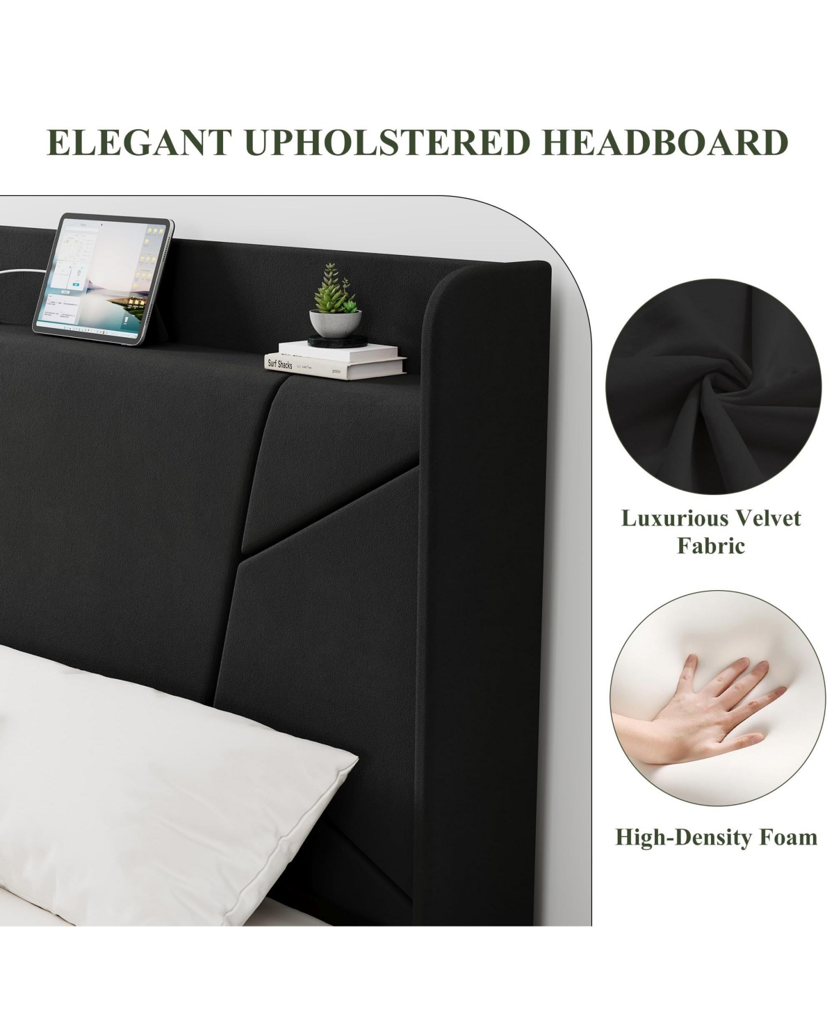 Bed Frame with Storage Headboard and Charging Station | Wingback Velvet Upholstered Platform Bed Frame, Solid Wood Slats Support