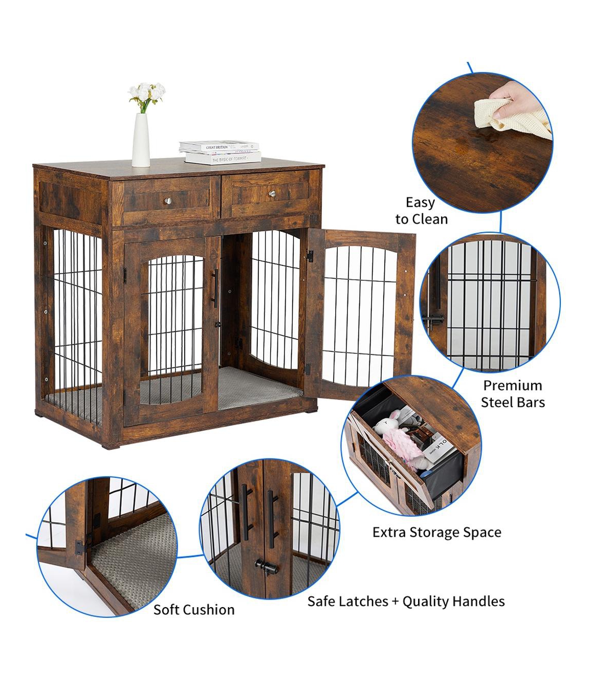 Medium/Large Engineered Wood Dog Crate Furniture, Indoor Dog Kennel Cage with Metal Double Doors, Decorative Pet End Table for Living Room