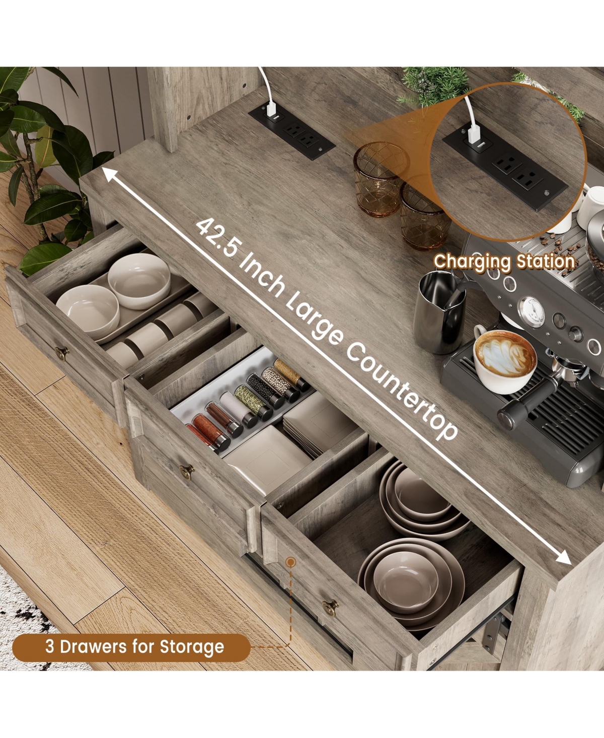 72" Coffee Bar Cabinet with Storage, Kitchen Buffet Hutch, Led Lights, Power Outlets, Sliding Barn Doors, 3 Drawers and Wine Glass Rack for Home Bar