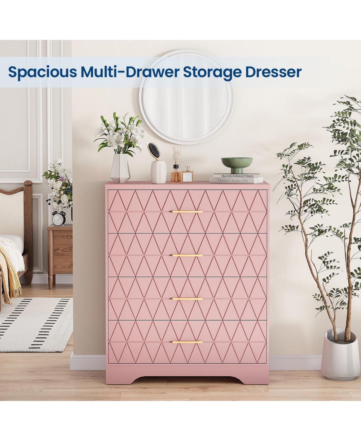 4 Drawer Chest of Drawers with Gold Metal Handles, Modern Tall Dresser Storage Organizer Cabinet for Living Room, Hallway, Nightstand, Pink