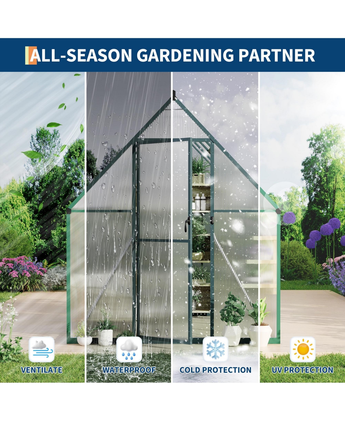 6x7 Ft Walk-In Sun Room Greenhouse, Aluminum Frame with Clear Polycarbonate Panels for Patio Backyard Garden All-Season Growing, Green/Silver