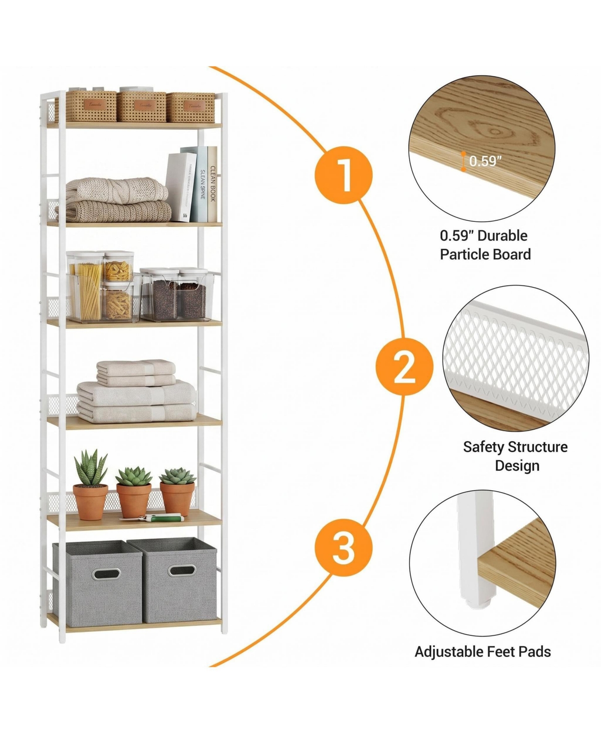 24" W x 12" D x 74" H 6-Tier Shelf with Diamond Mesh Back, Steel Frame and Engineered Wood Shelves for Living Room Home Office, White/Black