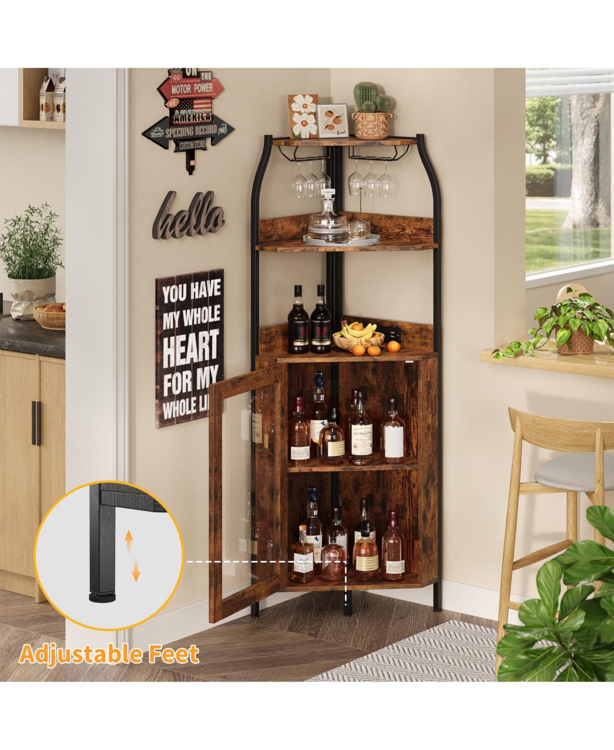 17.7x17.7x60in Wine Cabinet with Curved Arch Design, Engineered Wood Bar Doors for Living Room Dining Room, Brown/Black