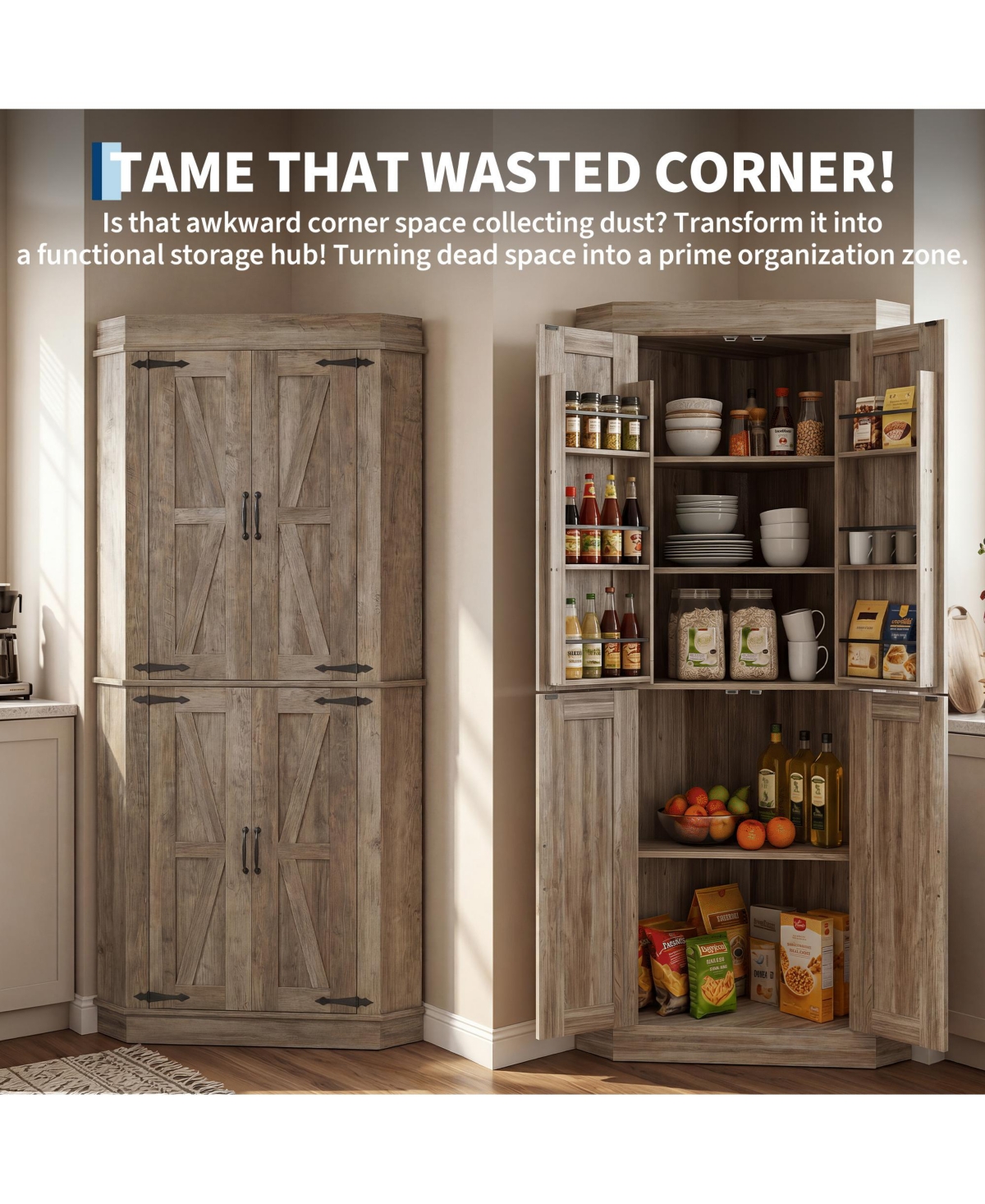 24 x 24 x 71 in Corner Kitchen Cabinet with 5 Shelves and Spice Racks, Engineered Wood Pantry Storage for Dining Room Living Room, Gray