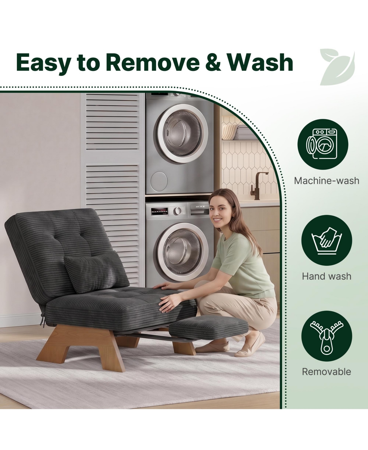 Accent Lounge Chair with Adjustable Backrest and Built-in Footrest Tufted Corduroy Armchair with Lumbar Pillow for Living Room Bedroom Reading Nook