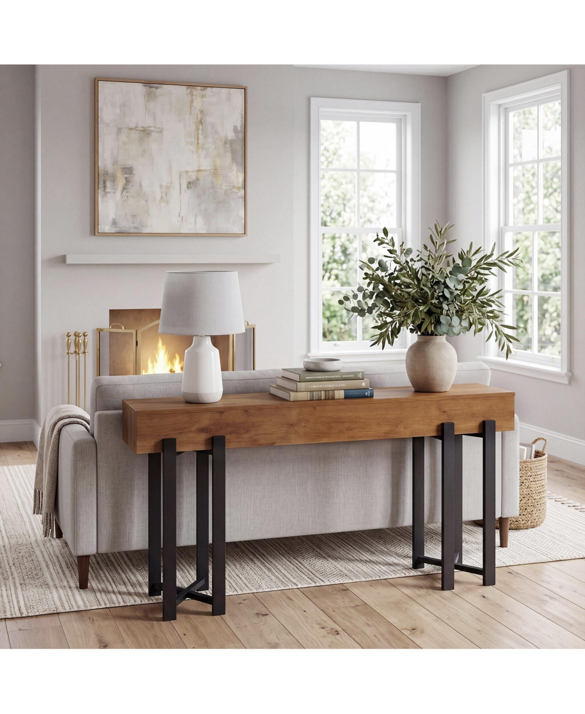 63" Modern Console Table, Wood Entryway Table with Metal Legs, Narrow Behind Couch Table, Rustic Brown/Black