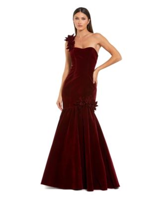Women's Mermaid One-Shoulder Velvet Gown with Floral Appliques