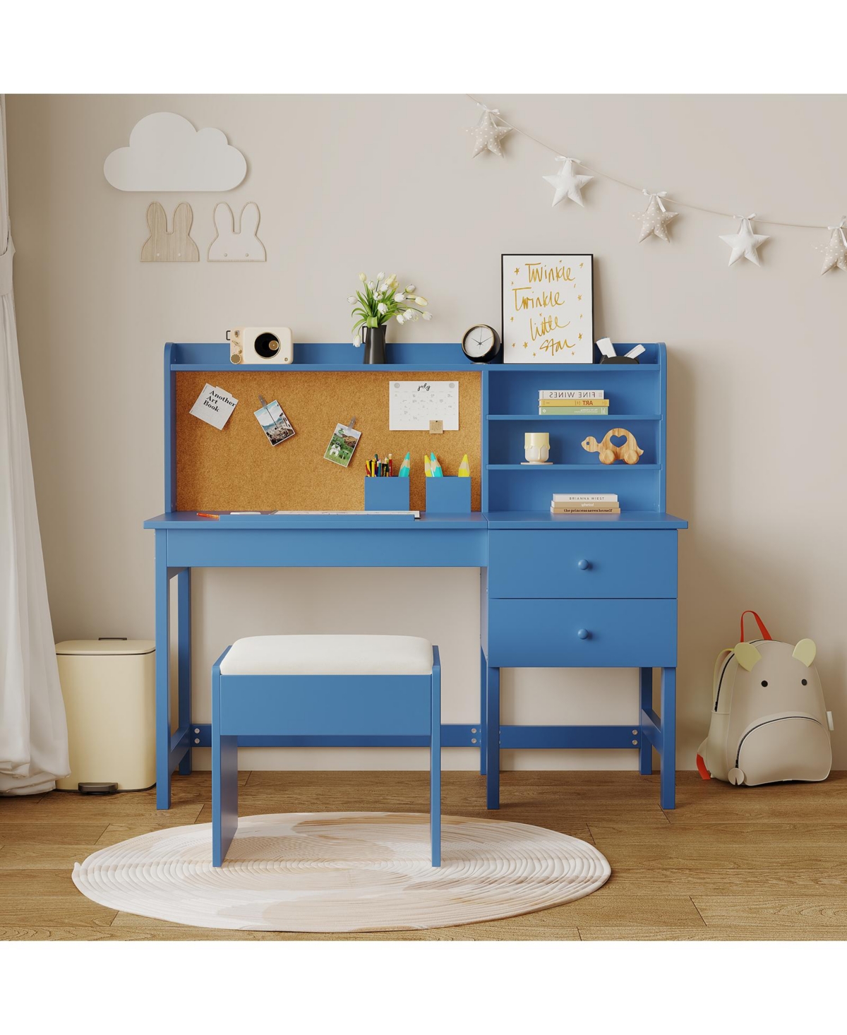 homfan Adjustable Kids Desk and Chair Set, Wooden Study Table with Tilting Desktop, Drawers Cork Board, Ergonomic Workspace for Boys Girls