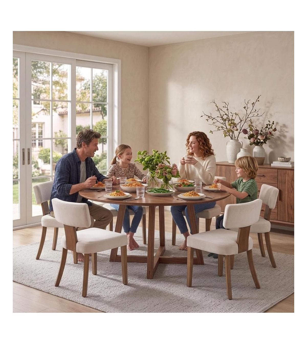 6 Set of Mid-Century Farmhouse Dining Chairs, Upholstered Ergonomic Chairs with Curved Backrest and Wooden Legs for Kitchen, Dining Room, Apartment