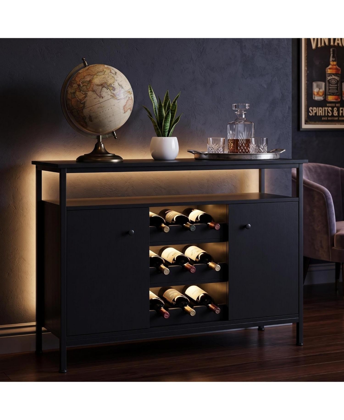 Farmhouse Sideboard Buffet Cabinet with Wine Rack and Adjustable Shelves, Kitchen Storage,Black