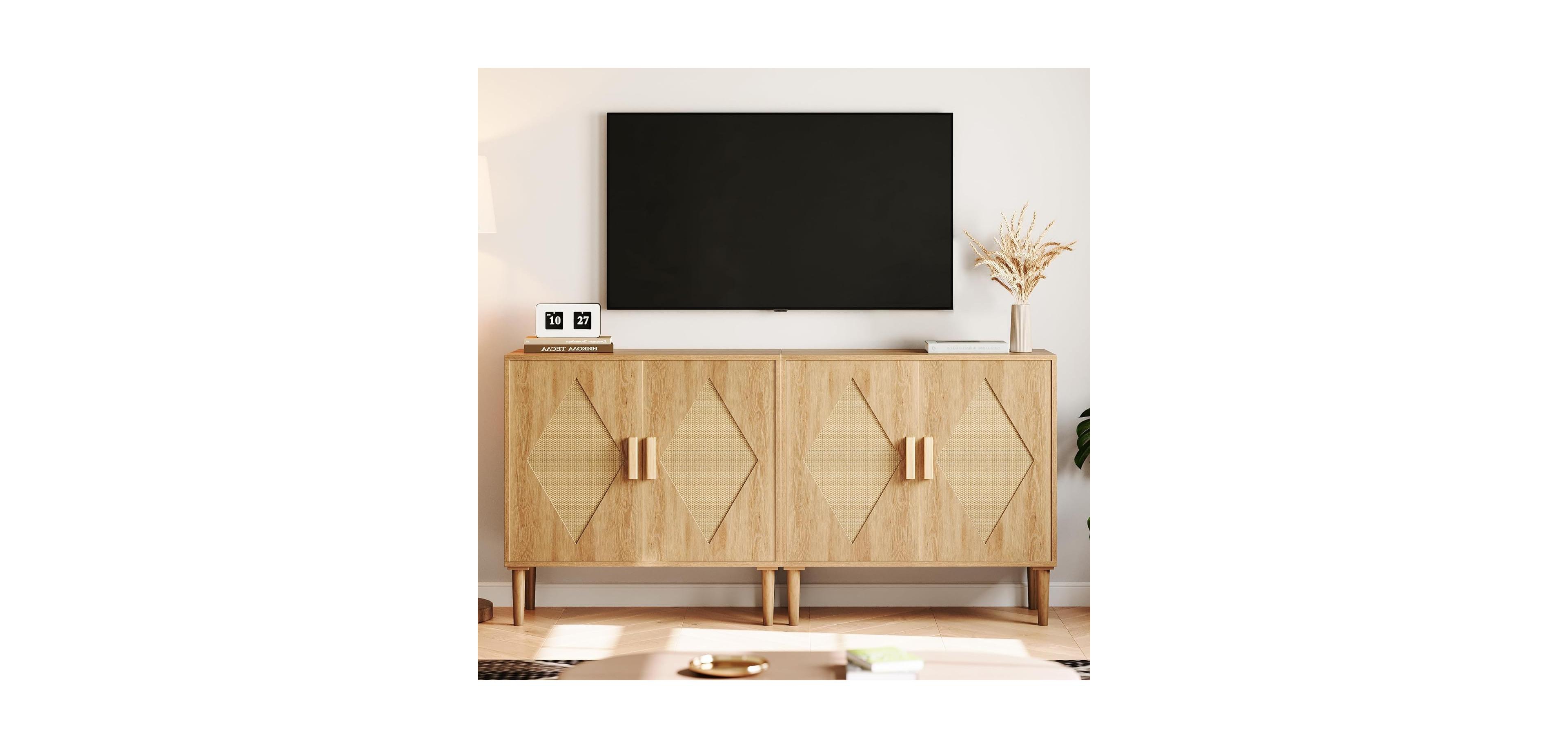 Accent Cabinets Set of 2, Rattan Sideboard Buffet Cabinet with Double Doors, Adjustable Inner Shelf, Storage Cabinet for Entryway, Living Room