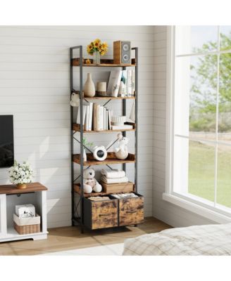 12" D x 24" W x 71" H Bookshelf with 6 Shelves and Fabric Drawers, Metal Frame and Engineered Wood Storage for Living Room Home Office, Black