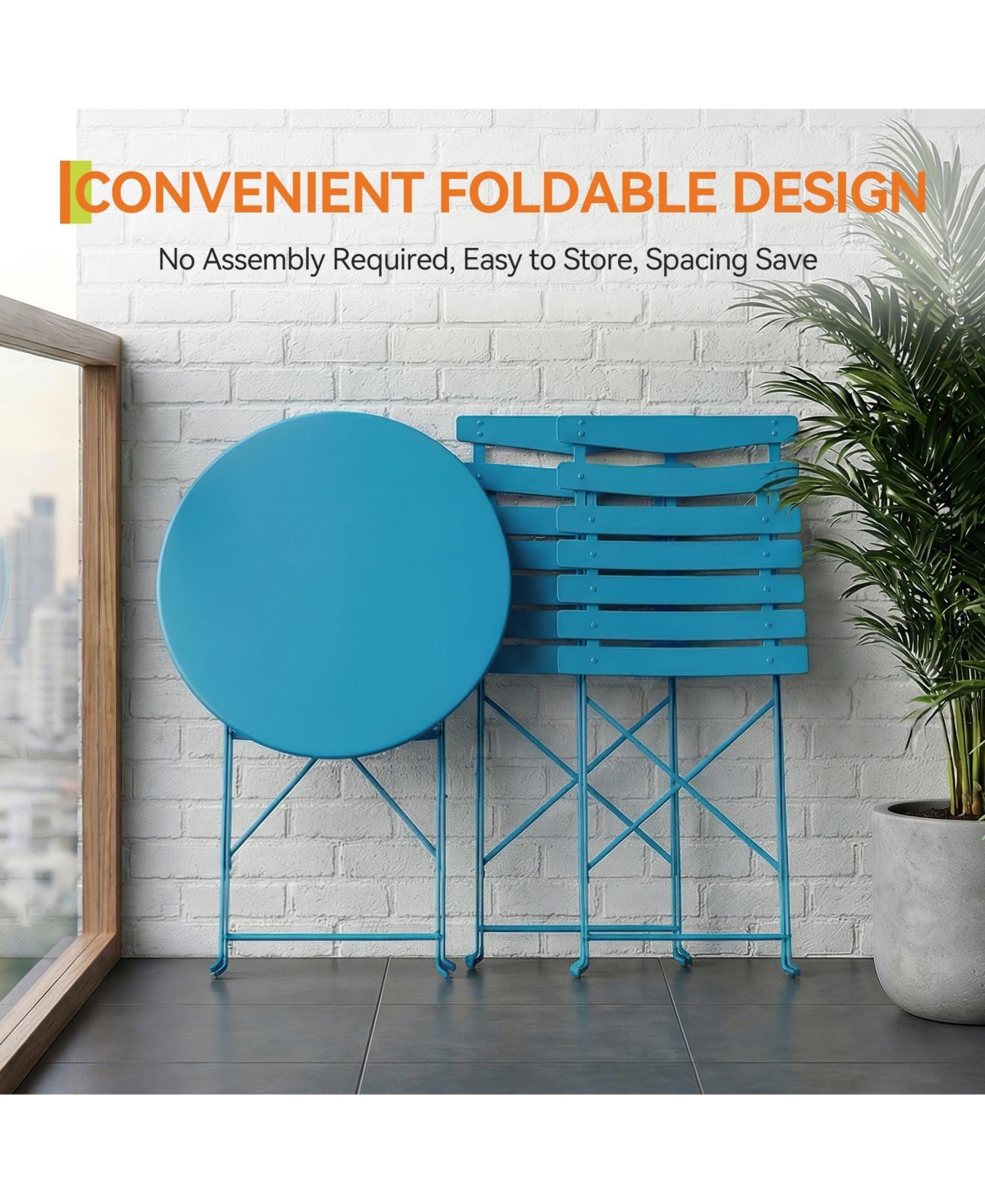 36" x 23" 3-Piece Outdoor Bistro Set with Table and 2 Chairs, Foldable Iron Patio Furniture for Balcony Garden Porch, Blue/Yellow
