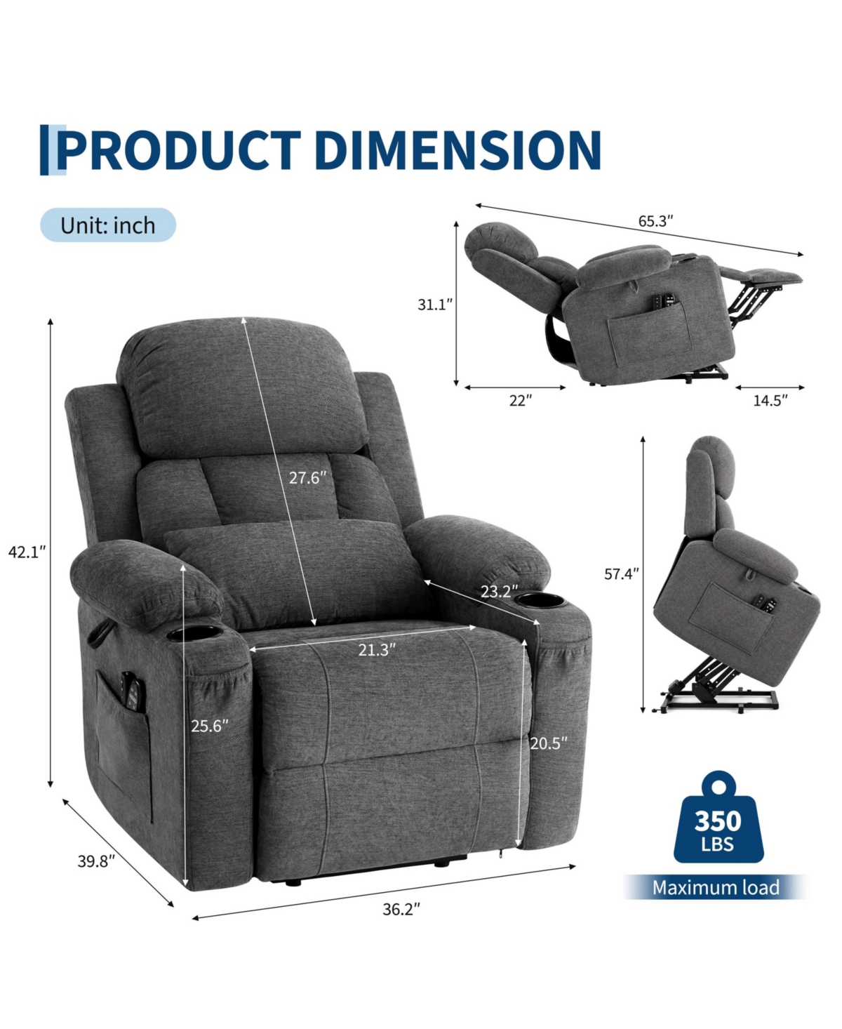 Oversized Chenille Power Lift Recliner with Heat, Massage and Memory Remote, Usb, Cup Holders,Grey