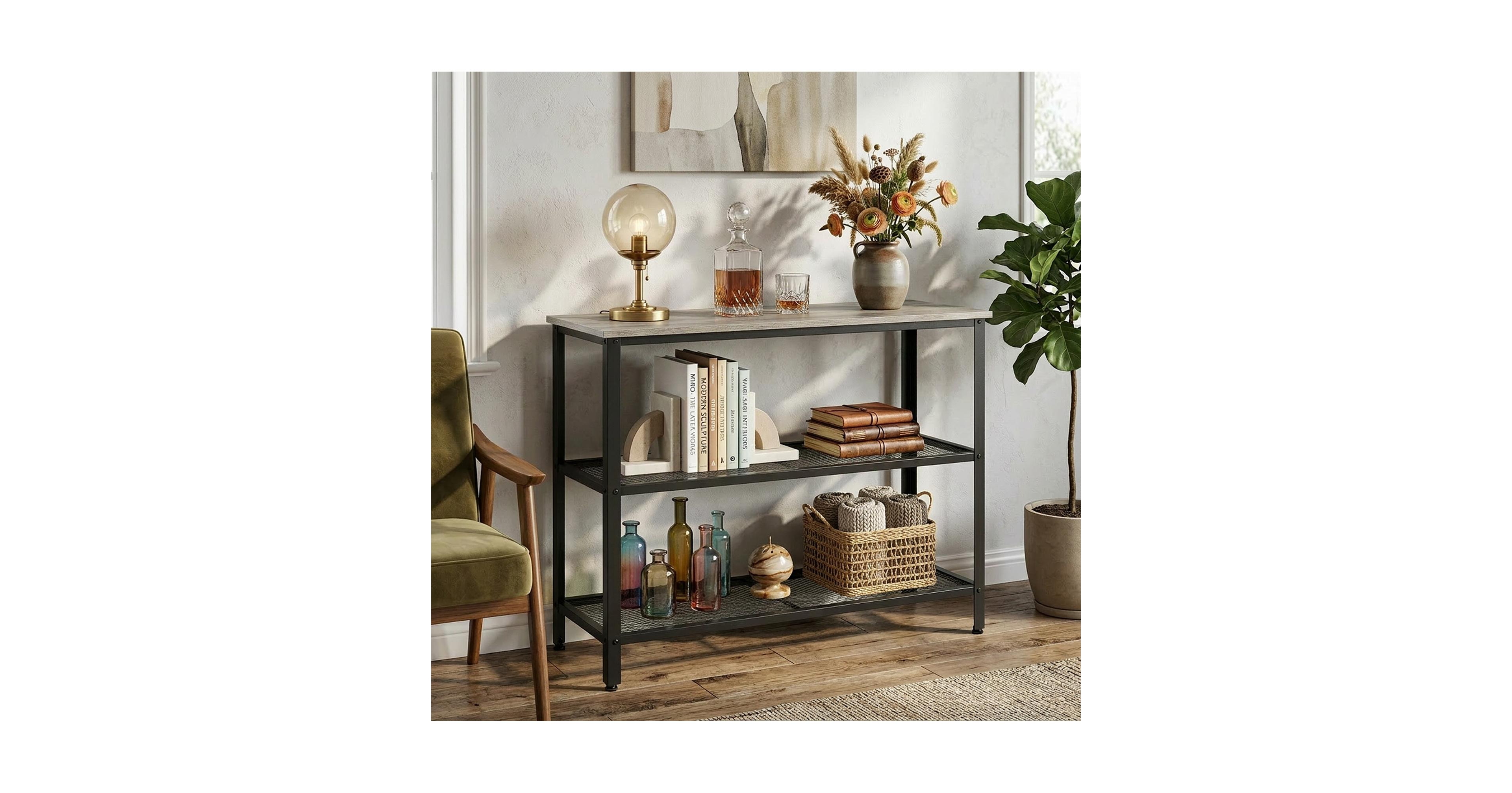 40" Industrial 3-Tier Console Table with Mesh Shelves, Rustic Grey and Black Metal Frame
