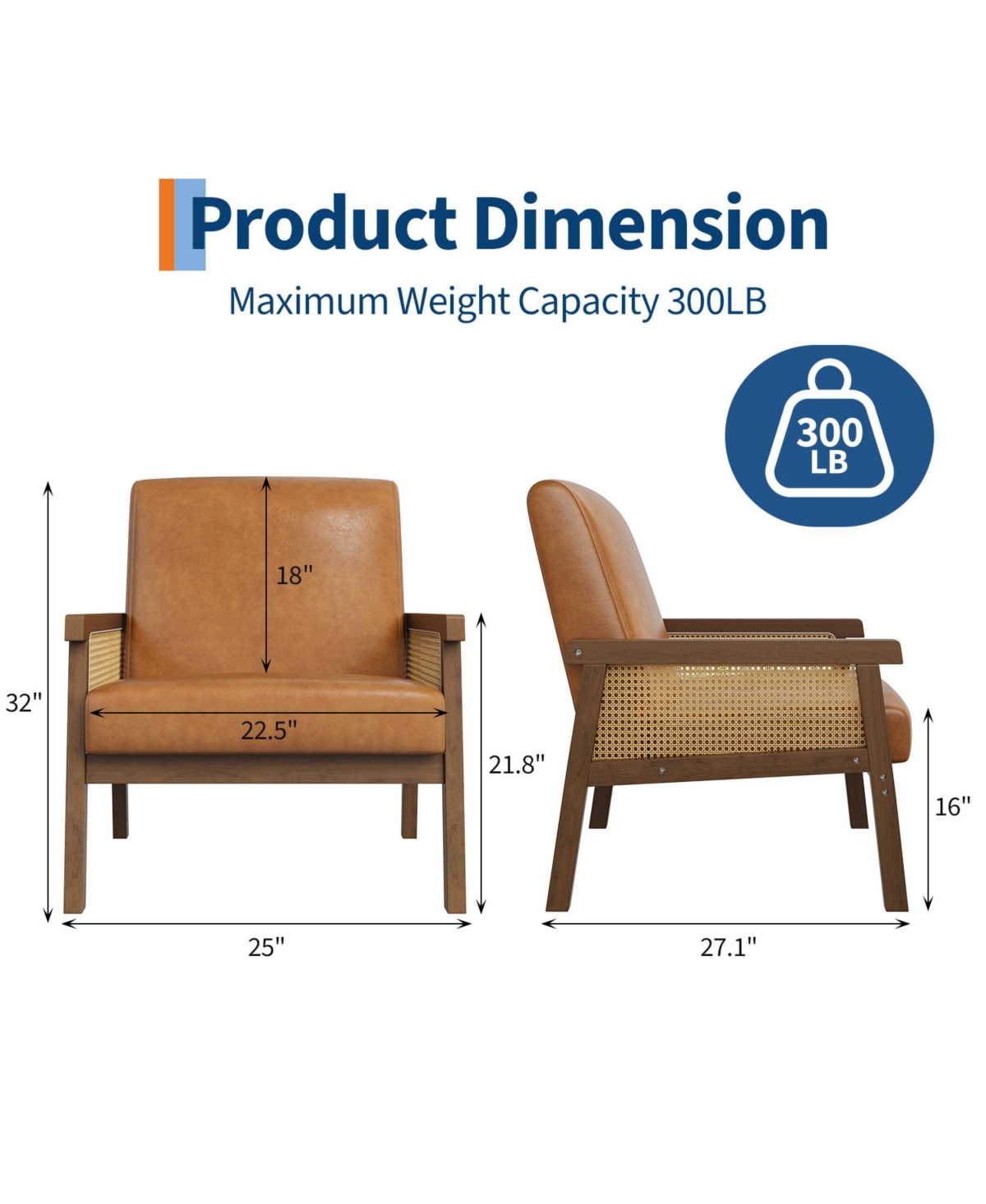 Rattan Accent Chair Contemporary High Back Wooden Frame Armchair Upholstered Boucle Pu Leather Cozy Reading Leisure for Living Room Bedroom
