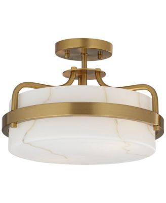 Bregman 13" Mid Century Modern Semi Flush-Mount Ceiling Light Fixture Kitchen Brass Finish White Stone Glass