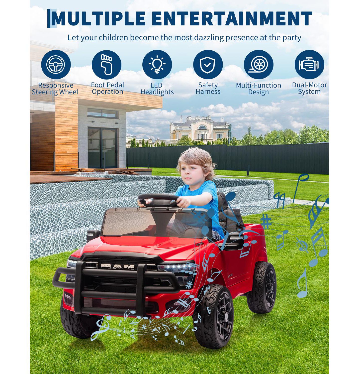 Детская игрушка homfan Licensed RAM Pickup 12V Parental Remote Control, Spring Shock Absorbers Ride-On Truck, 110-lb. Capacity, Ages 3-7 — фото 5