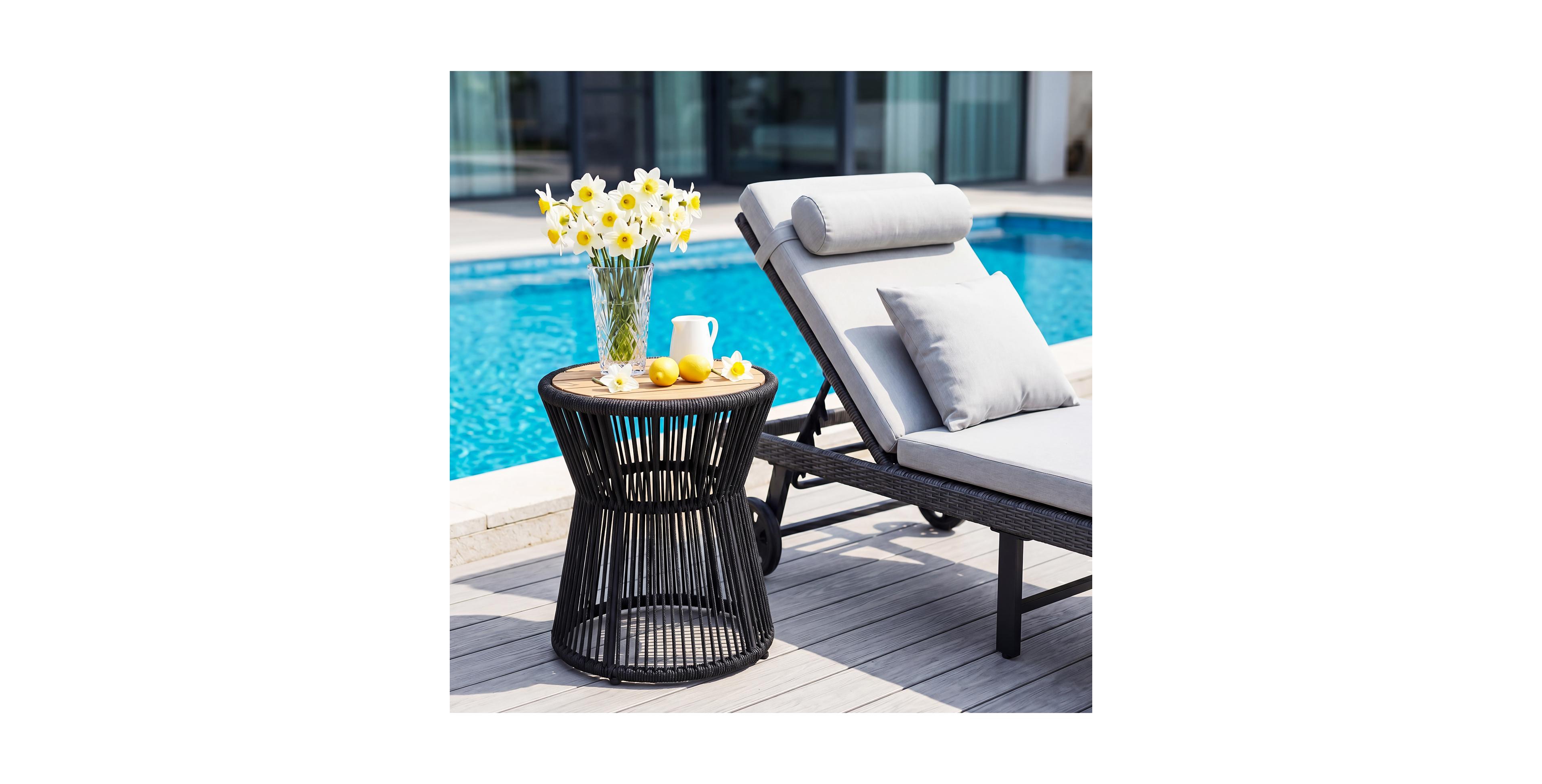 16" Round Woven Rope Outdoor Side Table, Gray Rope with Wood Top,Black