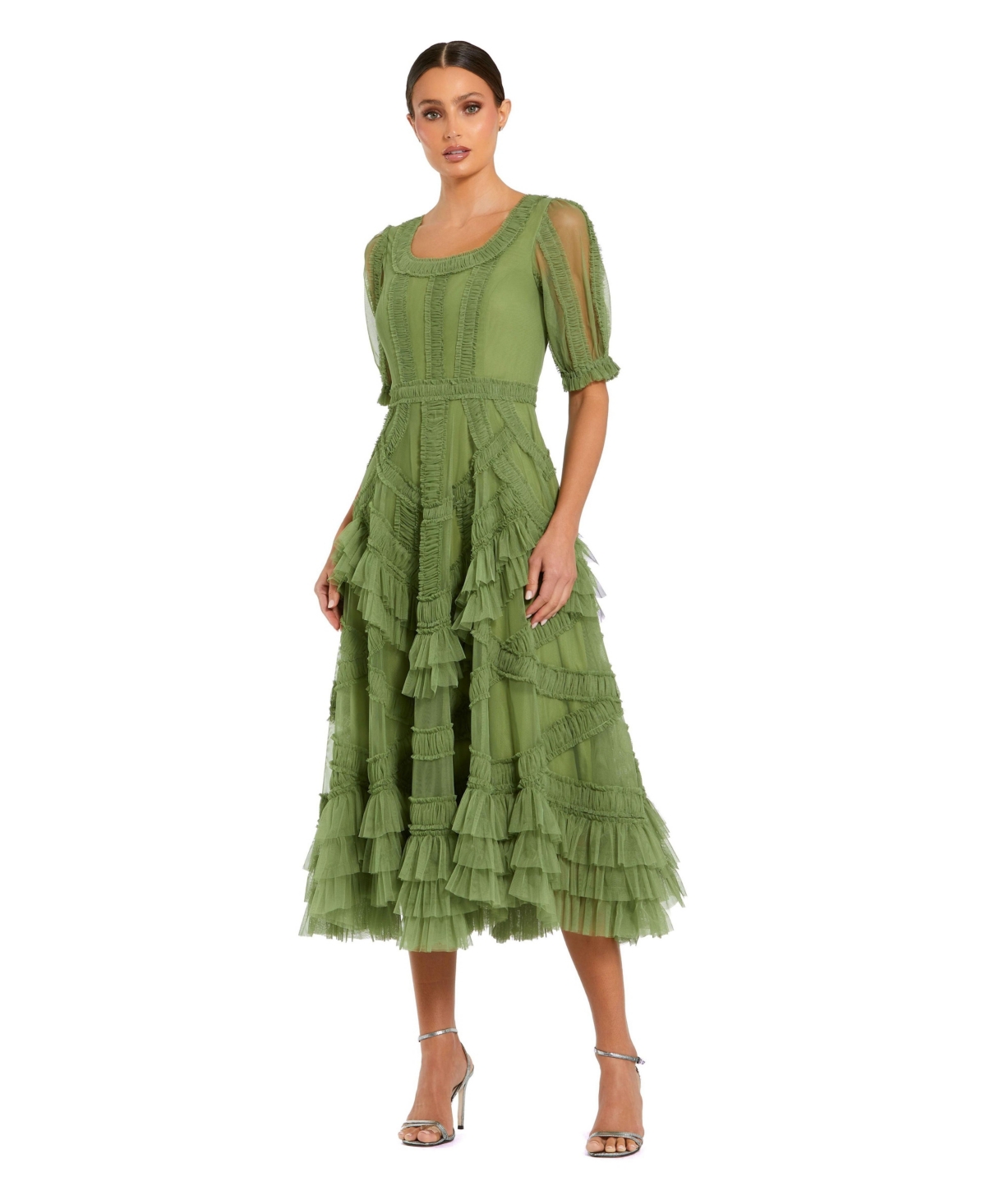 Mac Duggal Women's Short Sleeve Mesh Mirco Ruffle Midi Dress - Moss green