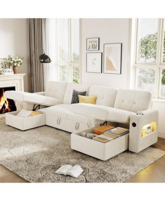 Modular Sofa with Storage, 107" Sleeper Sectional Cloud Couch, U-Shaped Velvet Fabric Couch with USB Charging and Cup Holder for Living Room, Office