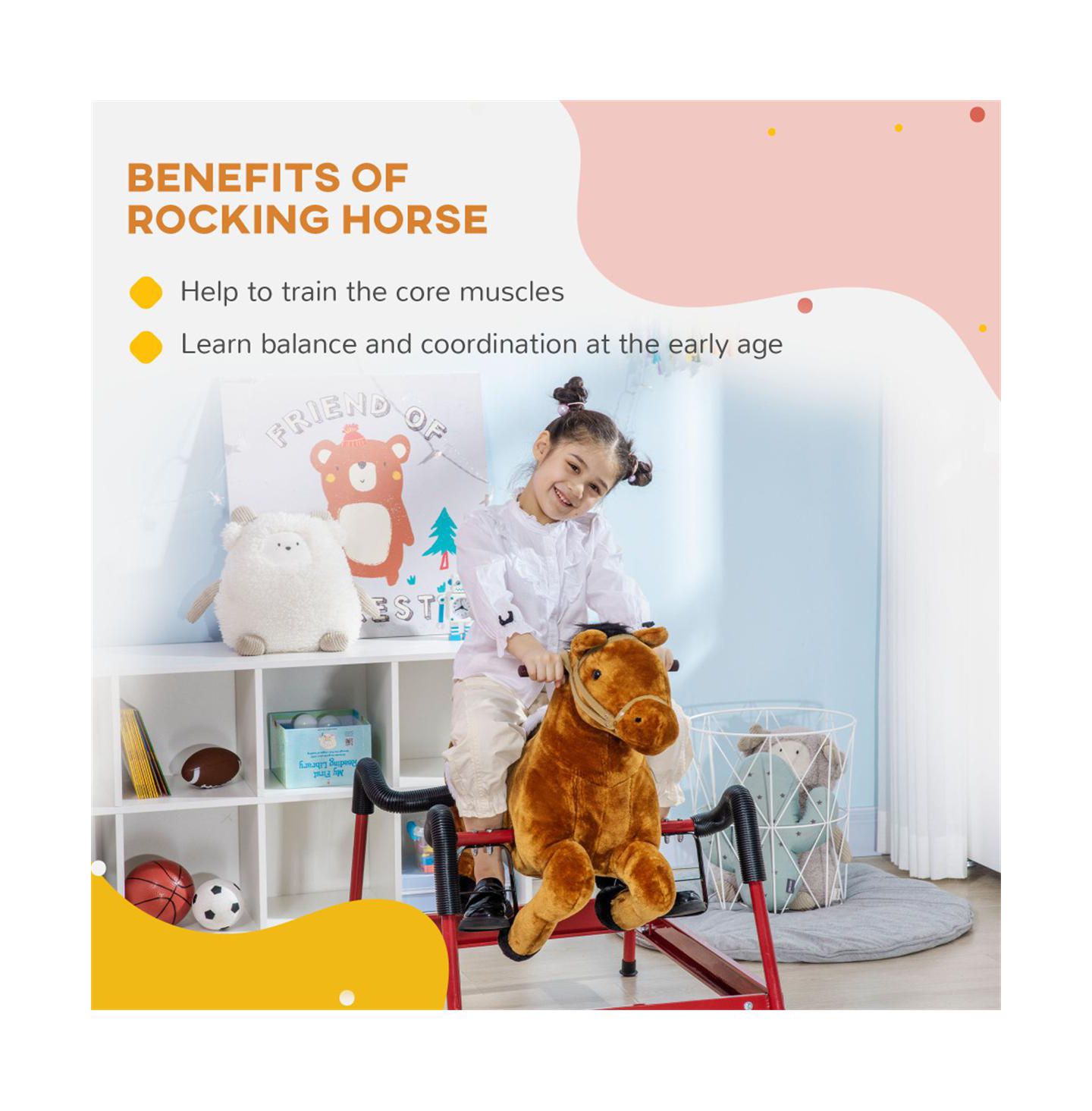 Детская мягкая игрушка YOBTOP Kids Spring Rocking Horse, Ride on Horse for Girls and Boys with Animal Sounds, Plush Horse Ride-on with Soft Feel, Interactive Toy for Kids, цвет: Коричневый — фото 4