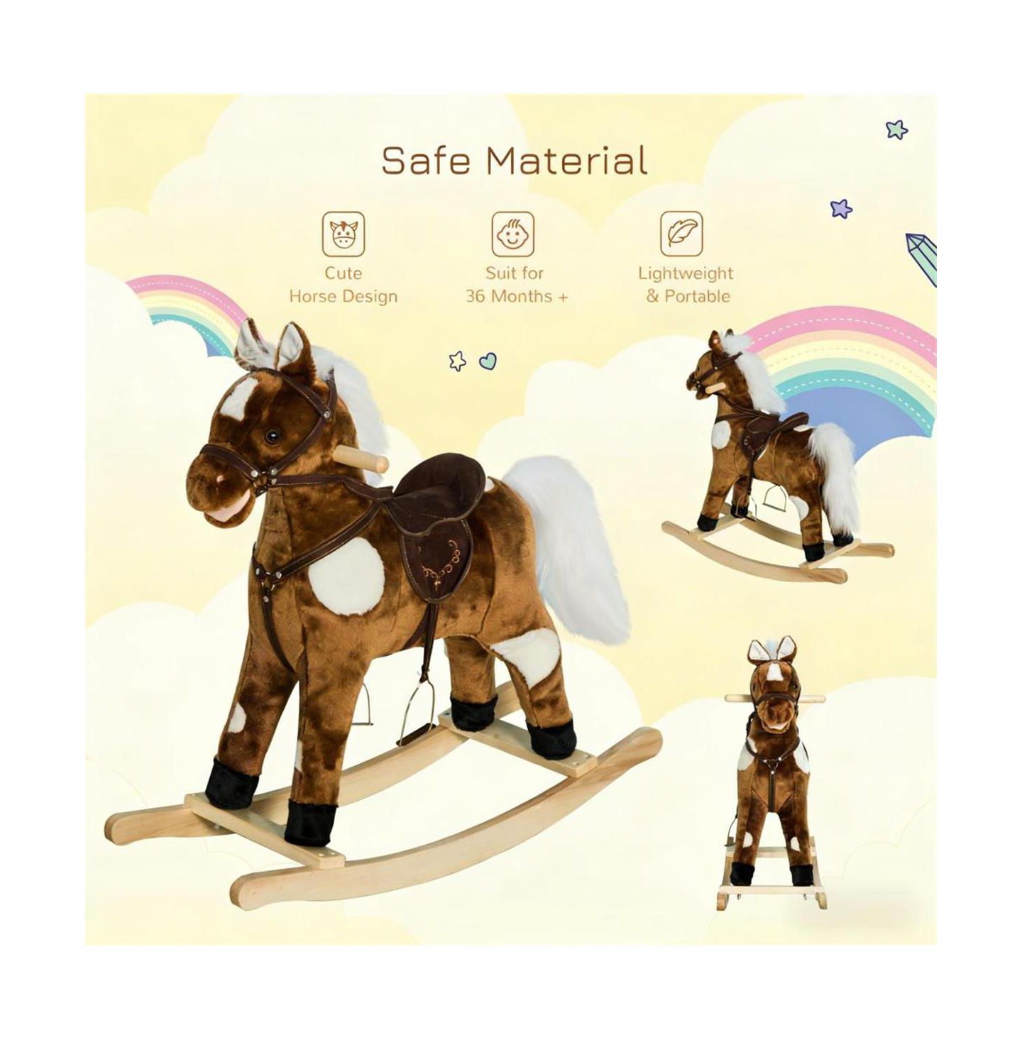 Детская мягкая игрушка YOBTOP Kids Plush Rocking Horse Toy - Toddler Ride On Pony with Tail Wagging and Music, Soft Plush Body, Sturdy Metal Frame, Safe Rocking, цвет: Коричневый — фото 4