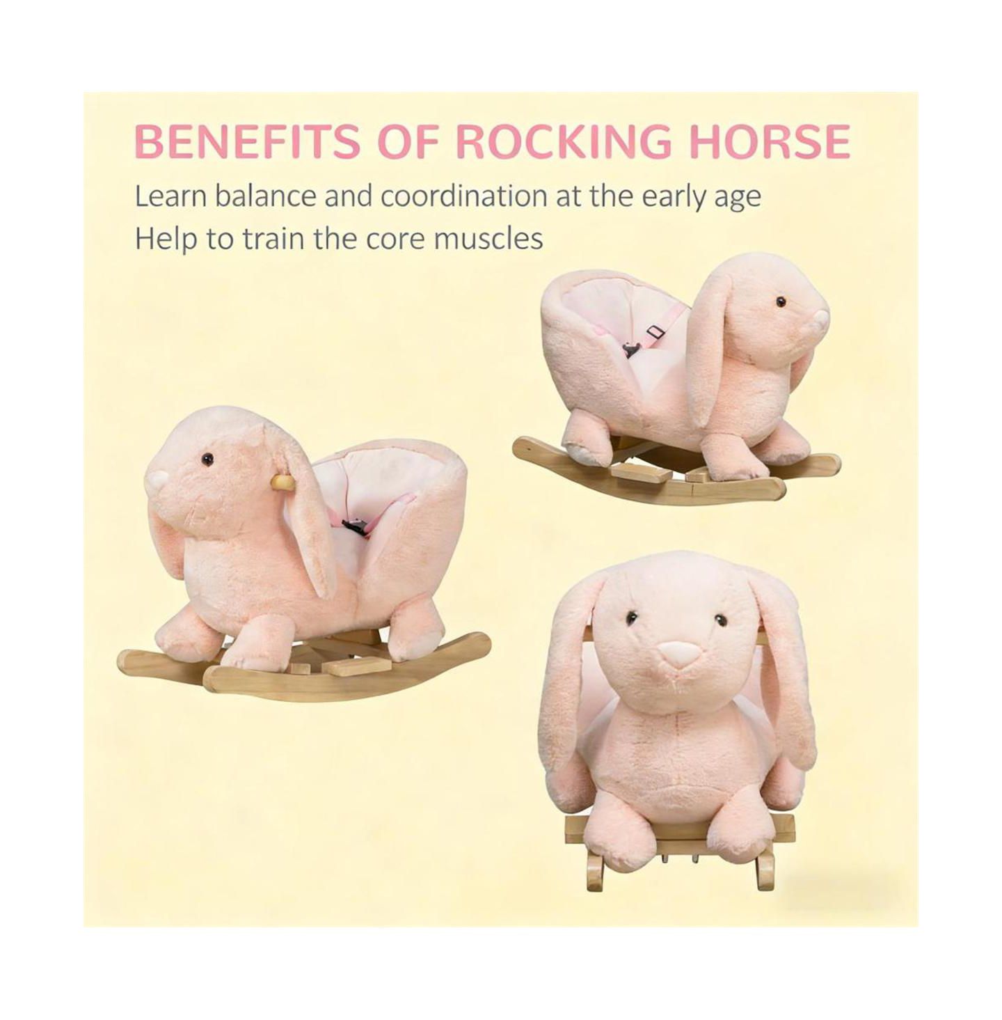 Детские мягкие игрушки YOBTOP Bunny Rocking Horse - Rabbit Wooden Plush Ride-on Toy with Sound Button, Seat Belt and Handlebars, Solid Steel Frame, цвет: Розовый — фото 6