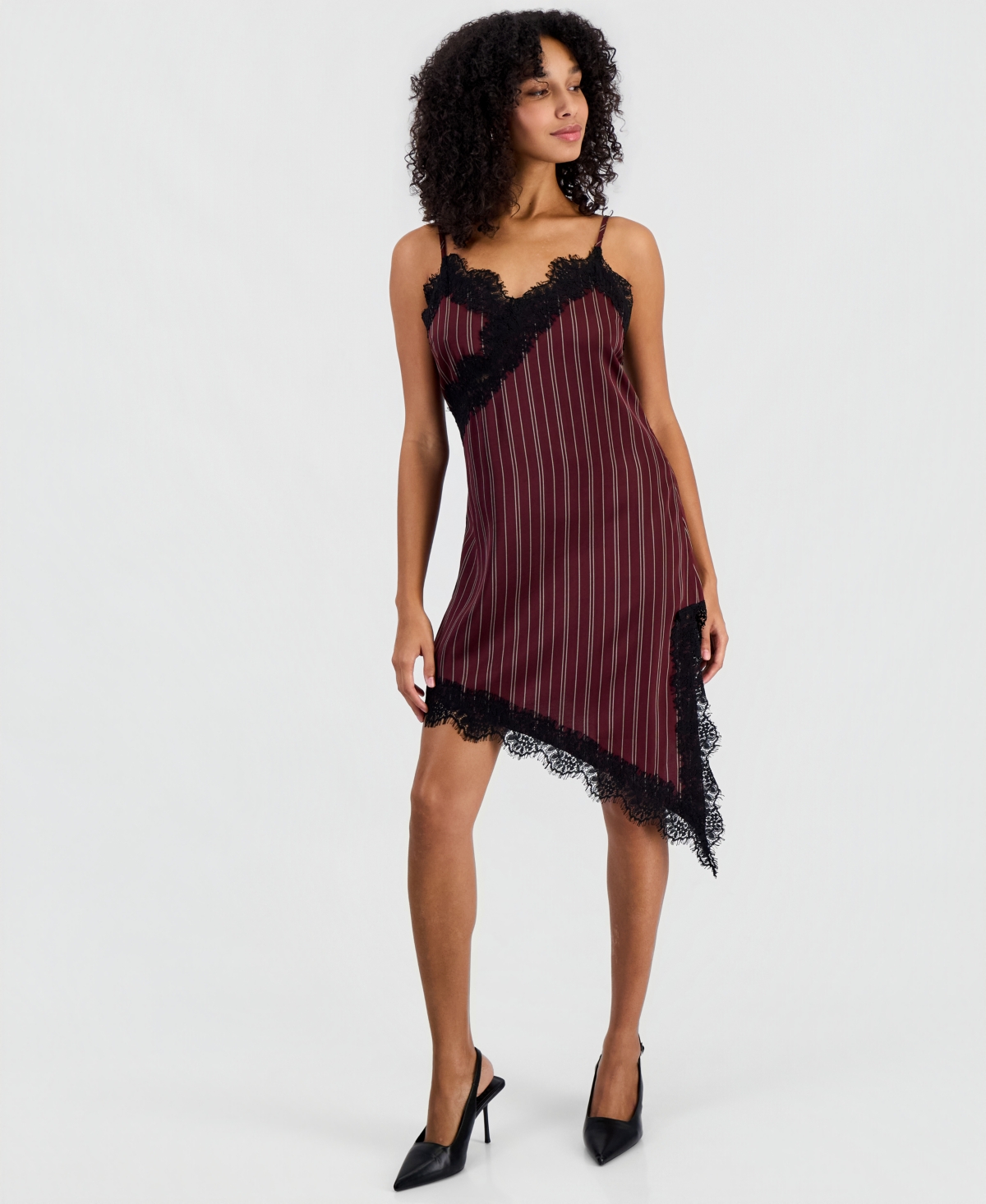 Bar Iii Women's Pinstripe V-Neck Lace-Trim Satin Dress, Macy's Exclusive
