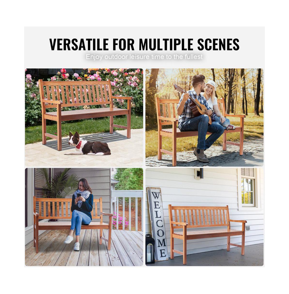 Slickblue 50in Outdoor Wooden Bench with Armrests for Garden Yard and Park