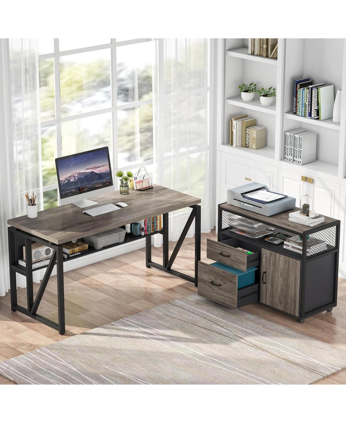 Tribesigns 55" L-Shaped Desk with Mobile File Cabinet