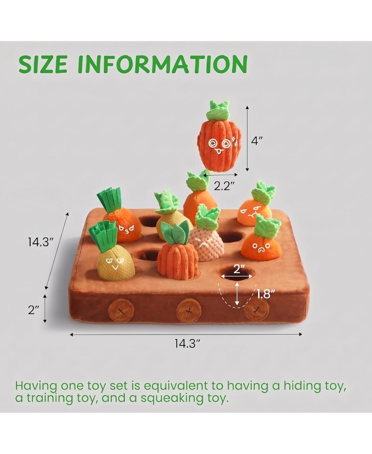 Nocciola 12 Pack Carrot Field Snuffle Dog Toys, Various-Fabric Squeaky Carrots with Hide and Seek Treat-Hiding Plush Mat