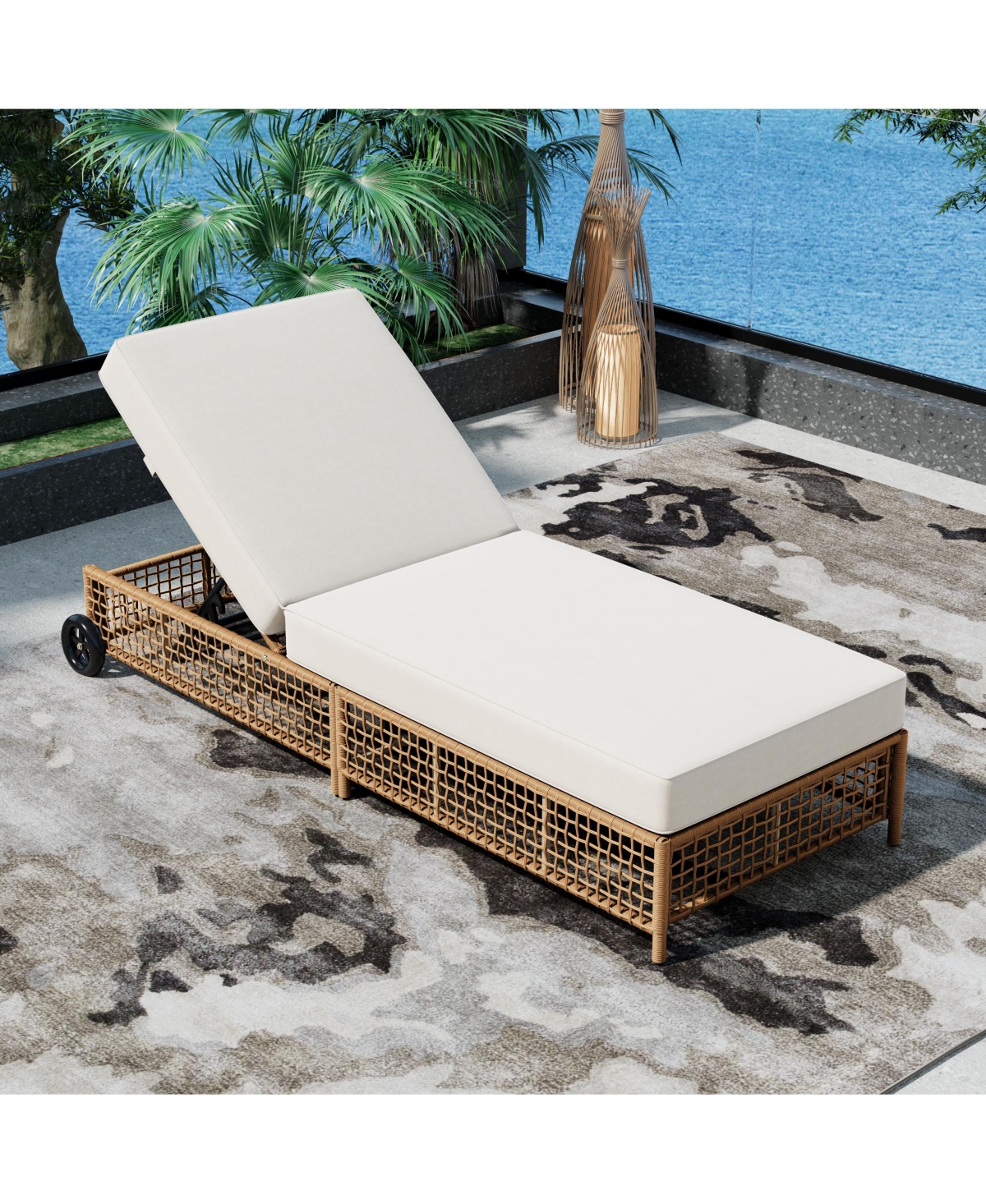 Mondawe Outdoor Rattan Chaise Lounge Chair with Cushion and Wheels